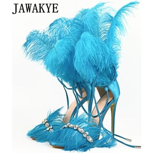 2019 Sexy Crystal Tassels Feather Decor Women Sandals Ankle Tied Cover Heel Stilettos Runway Design High Heels Party Shoes Woman