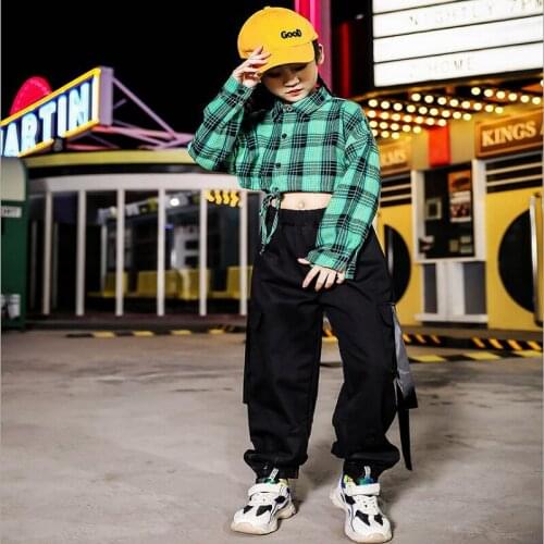 Childrens Performance Wear Hip Hop Set For Girls Cotton Grid Long Sleeve Shirt +Pants Stage Clothes Girls Sets Dance Clothes