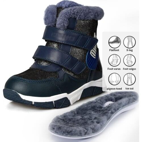 Toddler Kids Orthopedic Snow Boots Arch Support Anti-Slipper Sole Leather Winter Casual Shoes With Flatfeet Orthotic Insole