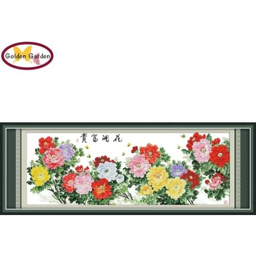 GG Fortune Comes with Blooming Peony Chinese Flowers Needlework Cross Stitch Kits for Embroidery Home Decor Cross-stitch Set