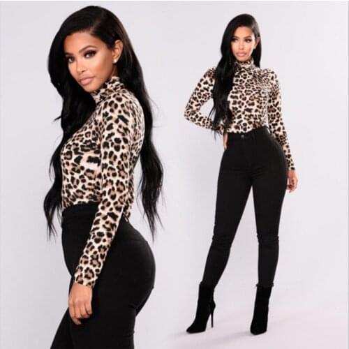 Hirigin Plus Size Turtleneck Office Ladies T Shirt Women Leopard Shirt Form Fitting Tee 2019 Slim Fit Womens Long Sleeve Tops