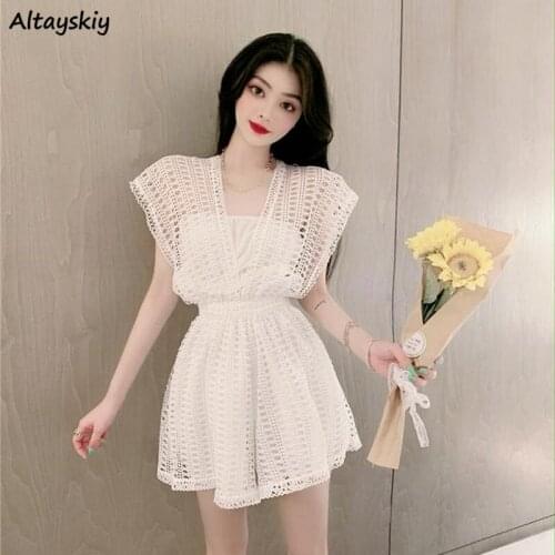 Rompers Women Elegant Summer Lace Sexy Solid Korean Style Lovely Girls Comfort Breathable High Waist Wide Leg Streetwear Fashion