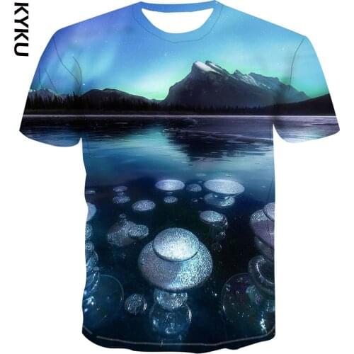 KYKU 3D fish / landscape printing mens T-shirt short sleeve long skirt round collar versatile street style 3D mens T-shir