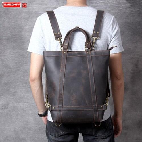 Mens Backpack School Laptop Bag Multi-use Portable Male Travel Backpacks Retro Crazy Horse Leather Personality Handmade Leather