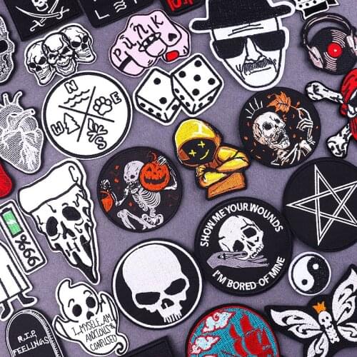 Rock Anime Skull Patch Iron On Embroidered For Clothing Horror Ghost Patches For Punk Clothes Unicorn Appliques Stickers T-shirt
