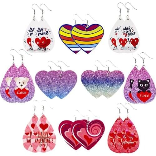 New Womens Faux Leather Floral Print Teardrop Dangle Pierced Earrings