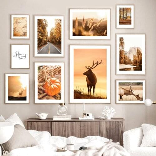 Autumn Pumpkin Deer Maple Leaf Pine Forest Nordic Style Landscape Wall Art Canvas Painting Posters And Prints Living Room Decor