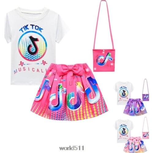 Tik Tok Girls Dress Summer Kids Clothes Girl Cartoon Clothing Princess Dress T-shirt and Skirt +Bag Set Party Dress Fashion Cute