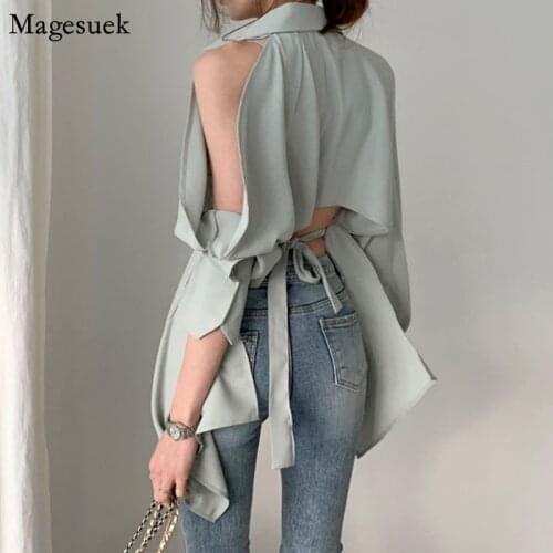 Spring Hollow Out Sexy Woman Blouses Tops Long Sleeve Button White Shirt Women Blusas Irregular Korean Chic Female Blouse 12136