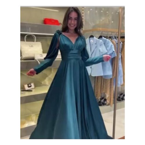 Verngo Dark Blue A Line Satin Evening Dress Long Sleeves V Neck Mother Formal Prom Dresses Floor Length Simple Occasion Gowns