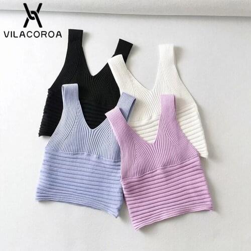 Sleeveless Knitted Women Tank-top Deep V Backless Basic Ladies Cropped tops Sexy Pullover Stretch Vest Female Basic Clothes