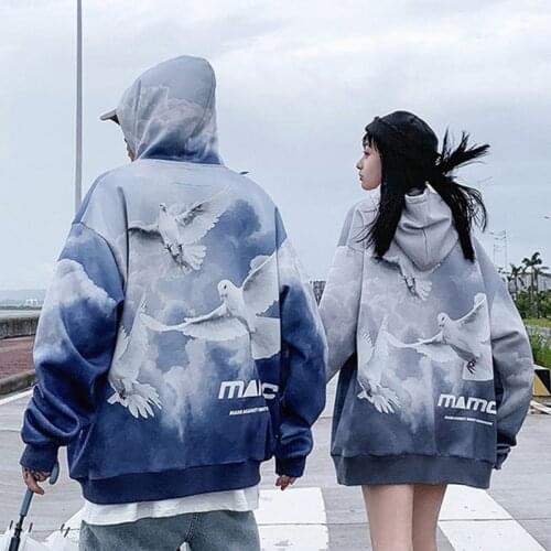 Gradient Pigeon Letter Print Hooded Sweatshirts Women Harajuku Casual Couples Warm Cotton Pullover Streetwear Plus Size Hoodies