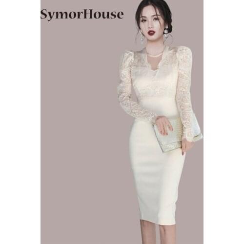 Spring New Women 2021 Elegant White Black Lace Patchwork Long Sleeve Bodycon Club Party Night Pencil Dresses Summer Autumn
