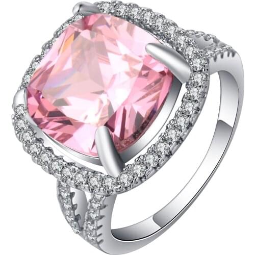 UFOORO charm pink stone ring for women wedding princess cut birthstone pave zircon fashion engagement jewelry size6-10 wholesale