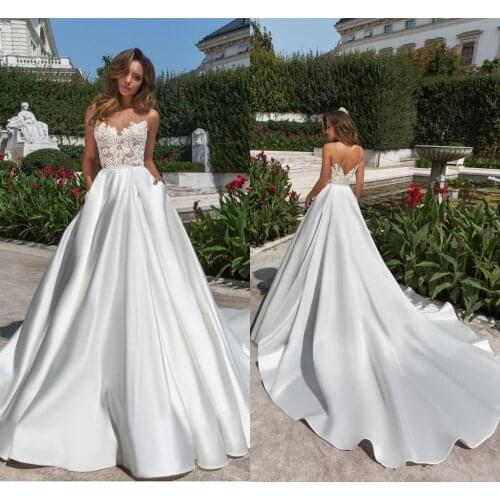 Noble White Satin Church Wedding Dresses 2020 Sexy V Cut Backless Sheer Neck Appliqued Long Bridal Gowns With Pockets