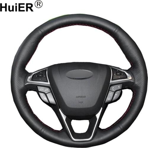 HuiER Hand Sewing Car Steering Wheel Cover Non-slip Car Styling Black Leather For Ford Fusion Mondeo 2015- 2018 EDGE 2017 2018