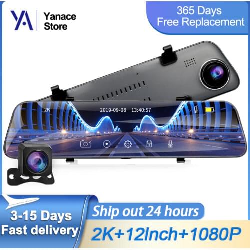 Dropshipping 2K+GPS Car DVR 12 Inch Touch IPS Mirror Dual Lens Dashcam Car Cam G-sensor Video Recorder With Rear View