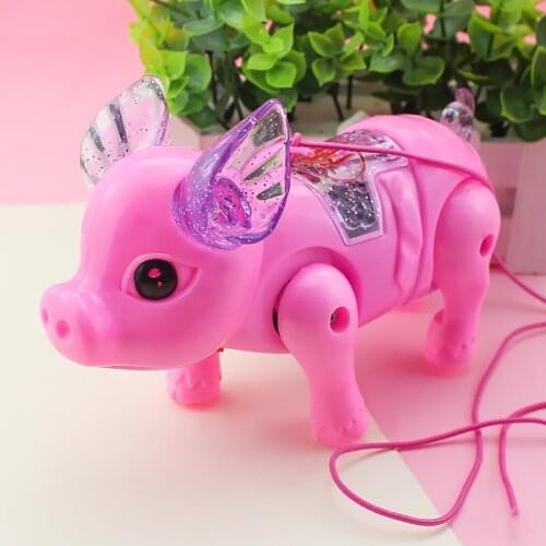 Electric Light Music Walking Pig Toy Luminous Cartoon Pink Pig with Leash for Kids Children Girls DEC889