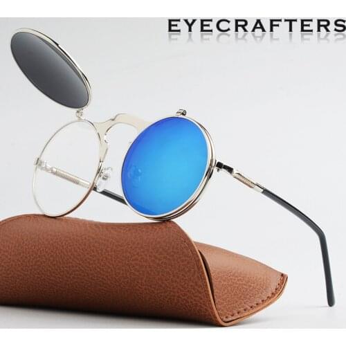EYECRAFTERS New Fashion Flip Up Lens Steampunk Vintage Retro Style Round Sunglasses Spring Legs Clamshell Double Lens Eyewaer