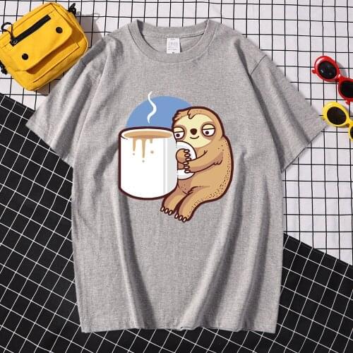 Kawaii Anime Slow Sloth Coffe T Shirt Brand Loose Summer Printed T Shirts Short Sleeve Black Top Men Cool Street Hip Hop Tshirt