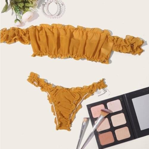 Womens Sexy Lingerie Sets Solid Color Mesh Ruffle Sheer Bandeau with Small Thong Sleepwear Nightwear Underwear