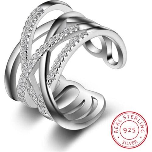 Korean Style 925 Sterling Silver Opening Ring Multi-layer Line Cross Mosaic Zirconia Ring Bague anillos For Women Jewelry S-R243