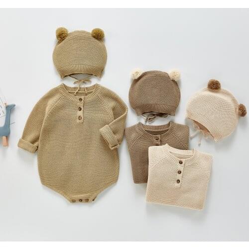 Korean Style Newborn Baby Autumn Clothing Knitted Jumpsuit Boys and Girls Cute Small Hat Baby Bodysuit Romper Sweater