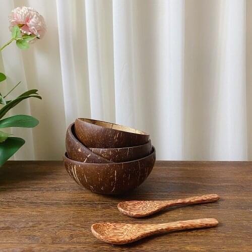 Natural coconut bowl set handmade coconut shell tableware wood spoon dessert fruit salad mixing bowl rice Ramen bowl