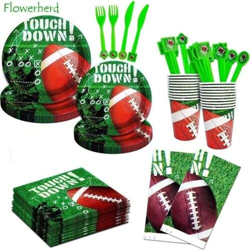 Rugby American Football Theme Party Supplies Disposable Dinnerware Set Plates Napkins Cups Knifves Fork Spoon Birthday Party Set