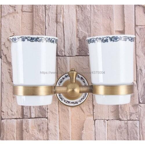 Bathroom Accessory Antique Brass Wall Mounted Dual Cup Holder Toothbrush Holder W/ Two Ceramic Cups Nba782