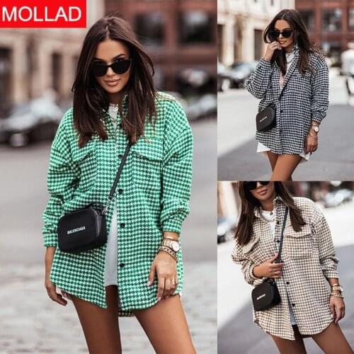 2021 Autumn and Winter New Europe and America Cross Border Casual Loose Small Plaid Mid-Length Shirt