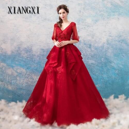 2020 New Listing Dark Red Evening Dresses Long Ball Gown V-Neck Three Quarter Sleeves 3d Flower Evening Dress Formal Party Gown