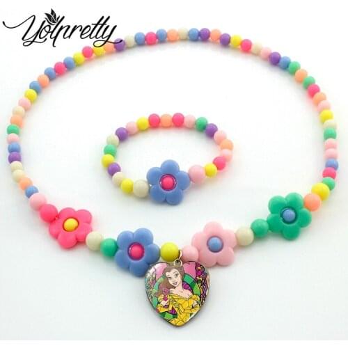 Disney Beautiful Princess Paintings Flower Star Necklace Glass Cabochon Heart Pendants Chrildren Necklace Jewelry Gifts