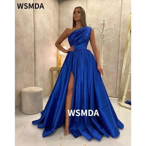 One Shoulder High Slit Prom Dresses 2021 Satin A Line Sweep Train Formal Dress Custom Evening Party Gowns