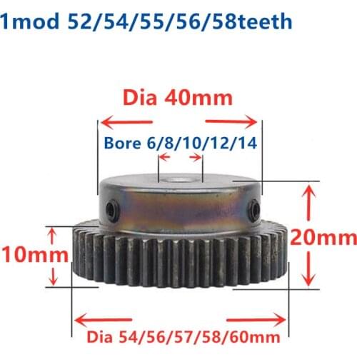 1pc Spur Gear pinion 1mod 52teeth 54teeth 55T 56T 58T Bore 6mm-15mm Straight Teeth Metal gear steel gear CNC gear transmission