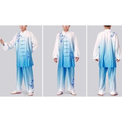 Unisex 2pcs/set Tai chi performance clothing veil gradients blue&white porcelain martial art embroidery uniforms wushu suits