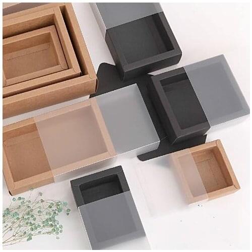 10pcs Kraft Paper Packing Box With Transparent PVC Window Black Delicate Drawer Display Gift Box Wedding Cookie Candy Cake Boxes