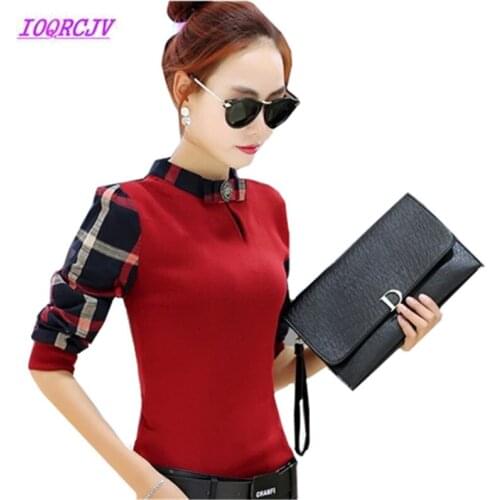 Spring and autumn T-shirt Women Long Sleeve Collar tshirt Fashion Casual tops Plaid stitching Plus size Bottoming Top B109