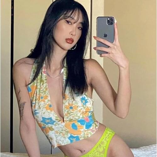 2021 New Summer Women Halter Tank Tops Sexy Deep V Neck Sleeveless Tie Up Backless Floral Print Camisole Fashion Womens Tanks