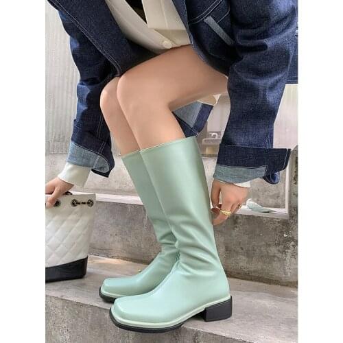 Premium Green Square Toe Mid Heel Woman Boots Spring Autumn New Cowhide Boots Womens Knight Boots Ladies Shoes