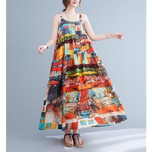Women Cotton Linen Dresses Print Floral Sleeveless O-Neck Suspender Dress 2021 Summer Spaghetti Strap Long Beach Dress Vestidos