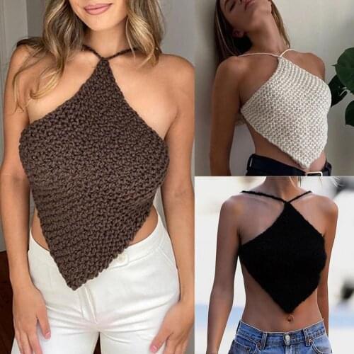 Women Sexy Sleeveless Crop Tops for Women Rhombus Shape Sleeveless Backless halter top Camis Knitted Women Tanks Top Camisole