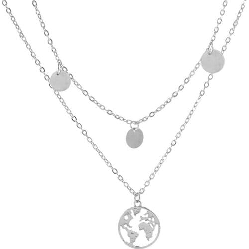 Gold Silver Color World Map Round Pendant Layered Necklace for Women Long Charms Multi-Layer Necklaces Earth Day Gift