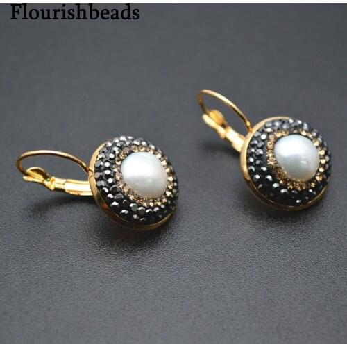 Gold Color Natural Fresh Water Pearl Crystals Setting Earrings Fashion Woman Party Jewelry