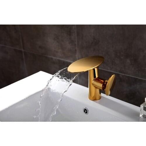 Free ship Gold pvd Clour bathroom basin sink waterfall faucet mixer tap New deck mounted Oval design