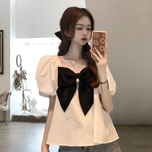 Bow White Blouse and Tops Women Design 2021 Summer French Puffer Sleeve Y2k Tshirt Female Korean Style Crop Tops Office Lady