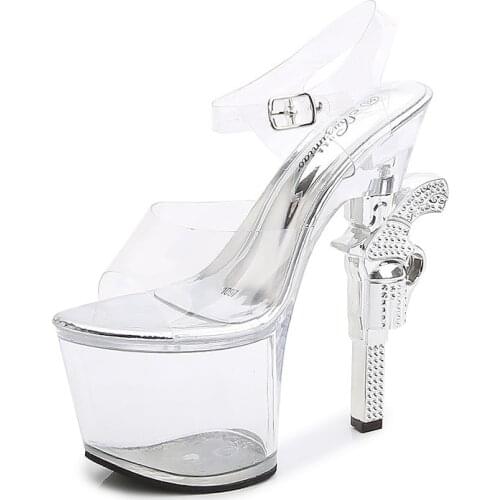 Mclubgirl 34-43 Large Size Clear Heels Platfrom Sexy Women Sandals for Night Party Heteromorphic Heel with Flower Show Party LFD