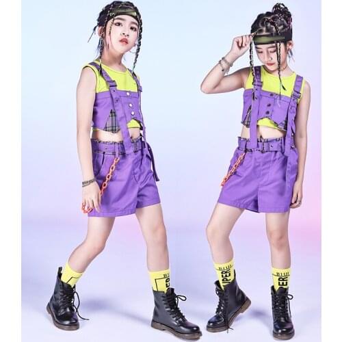 Childrens Day Girls Jazz Dance Performance Clothing Hip Hop Costume Crop Vest Tops Shorts Purple Suit Street Dance Wear VDB3529