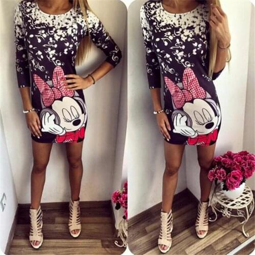Disney Sexy Minnie Mickey Mouse Long T-shirt Cartoon Print Bodycon Femle Slim Pencil Sheath Dress Chic Fashion Women Mini Dress