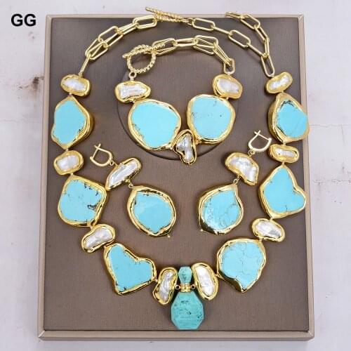 GuaiGuai Natural Freshwater White Biwa Pearl Green Nugget Turquoises Gems Gold Plated Pendant Necklace Bracelet Earrings Sets